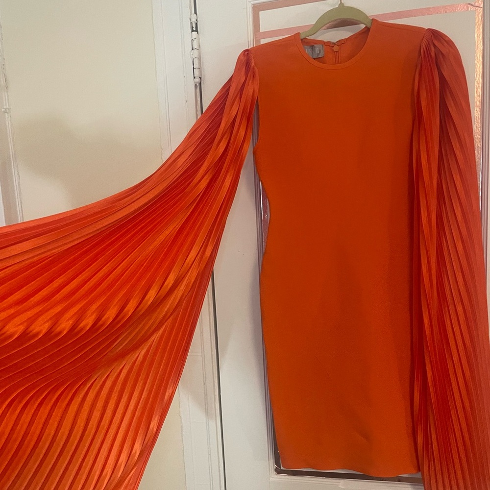 NVM Orange Bodycon Dress With Dramatic Pleated Sleeves